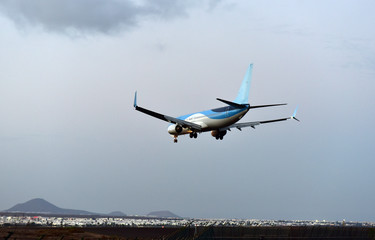 Plane lands at Arrecife airport, Arrecife, Lanzarote, Canary Islands, Spain