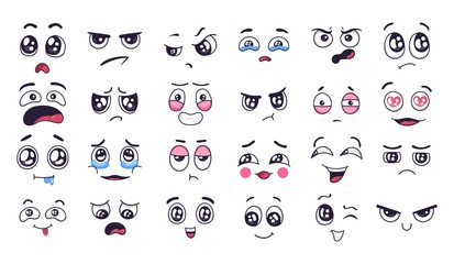 Funny cartoon faces. Face expressions, happy and sad mood. Laughing to tears face, smiling mouth and crying eyes. Doodle different moods vector illustration set. Positive and negative human feelings