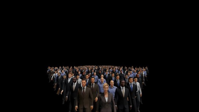 Businessmen with a businesswoman in front forming arrow shape pointing up, hd Alpha Channel