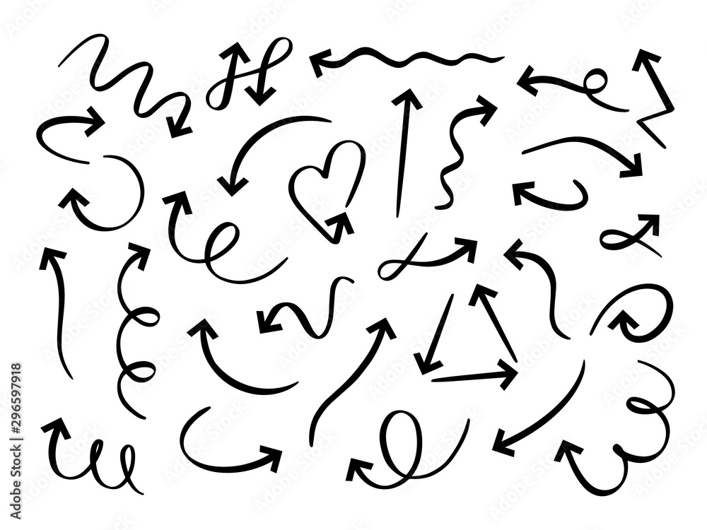 Poster hand drawn arrows set. sketch arrow, curved scribble way pointed line and doodle round pointer vecto