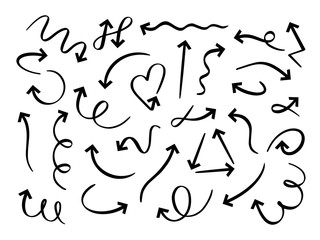 Hand drawn arrows set. Sketch arrow, curved scribble way pointed line and doodle round pointer vector set. Twisted and circular marker. Direction symbol, curly indicators pack on white background