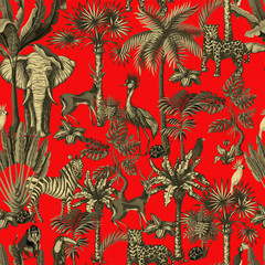 Nahtloses Muster mit tropischen Bäumen und Tieren im grafischen Stil. Vektor.