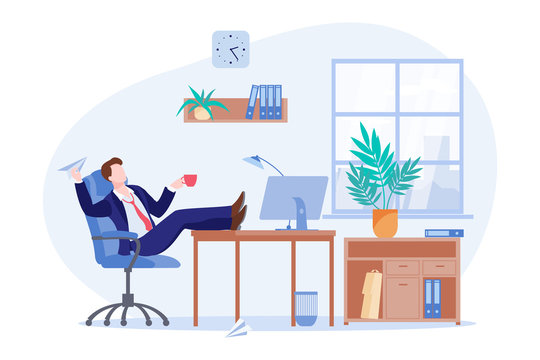 Procrastinating lazy freelancer or business man sitting at the desk in office. Vector flat cartoon illustration