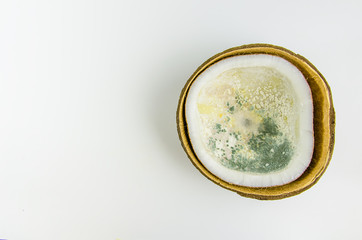 ugly food. old split coconut on a white background