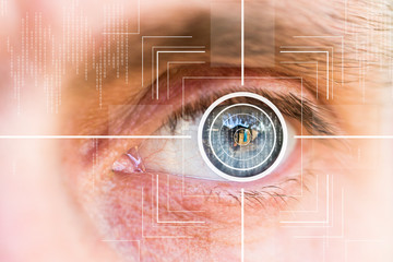 Eye monitoring and treatment in healthcare. Biometric scan of the male eye closeup.