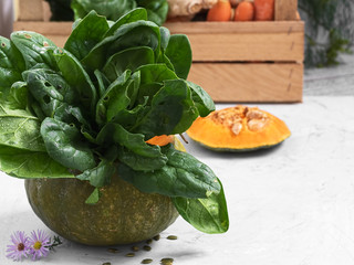 Closeup of a pumpkin with a bunch of fresh spinach. Freshly harvested vegetables in a wooden box (turnips, beets, carrots, greens). Natural organic products.