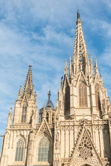 Facade of the Metropolitan Cathedral Basilica of Barcelona (also known as The Cathedral of the Holy Cross and Saint Eulalia) located in the gothic quarter in Catalonia, Spain, Europe.