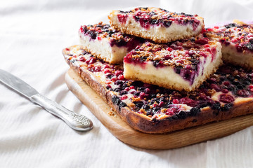 Closeup of berry pie with cottage cheese cut on square slices