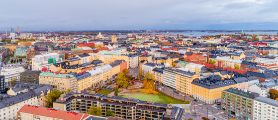Ariel view of Helsinki on the shore of Baltic Sea in Helsinki, Finland.