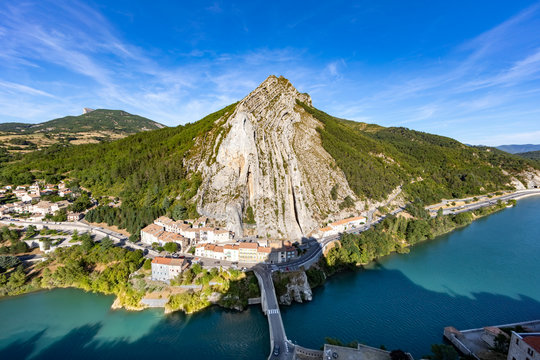 Sisteron, Alps, france - La Baume rock and the bridge over Durance river