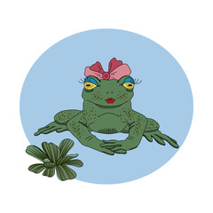 Vector illustration with the image of frogs with bows on their heads, bubbles and swamp plants. Funny and funny theme. Can be used as a print for t-shirts, cards, badges and other decor.