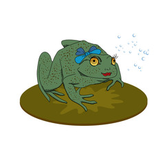 Vector illustration with the image of frogs with bows on their heads, bubbles and swamp plants. Funny and funny theme. Can be used as a print for t-shirts, cards, badges and other decor.