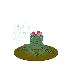 Obraz premium Vector illustration with the image of frogs with bows on their heads, bubbles and swamp plants. Funny and funny theme. Can be used as a print for t-shirts, cards, badges and other decor.