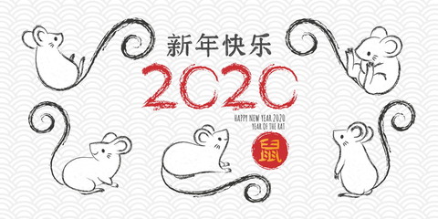 Set of hand drawn rats, mouse in different poses on white background. Vector illustration, cartoon doodle style.