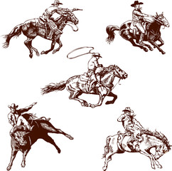 vector image of a cowboy on a wild mustang horse decorating him at a rodeo in the style of artistic sketches