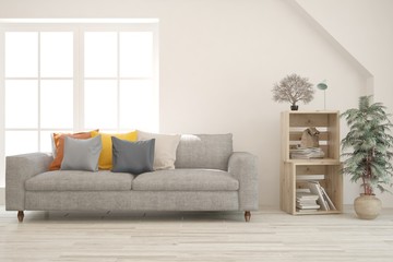 Stylish room in white color with sofa. Scandinavian interior design. 3D illustration