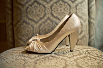 gold shoes against damask background