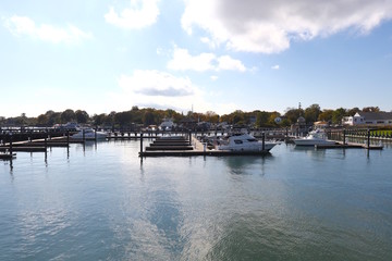 Fototapeta premium Harbor Boats With Water and Sky View