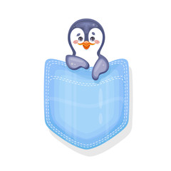 Cute penguin in a blue jeans or shirt pocket. Vector Illustration.