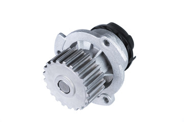 New metal automobile pump for cooling an engine water pump on a isolated white background. The concept of new spare parts for the car engine