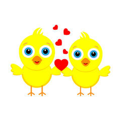 Two yellow little lolly chickens with hearts