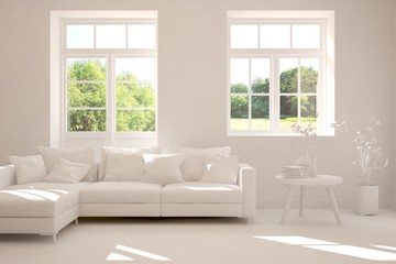 Mock up of stylish room in white color with sofa and green landscape in window. Scandinavian interior design. 3D illustration