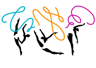 Set with gymnasts. Sports and physical activity collection of girls performing rhythmic gymnastics. Silhouettes of fit women holding sticks with long waving ribbons.