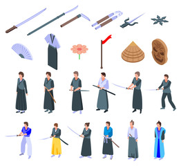 Samurai icons set. Isometric set of samurai vector icons for web design isolated on white background