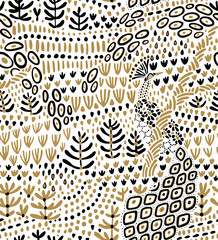 Vector floral seamless pattern with abstract doodle plants, flowers, trees, and grass. Nature background for textile, fabric, surface or wrapping.