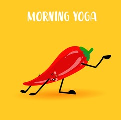 cute kawaii characters. CHILE pepper. Hot Mexican Peppers. Yoga and sport. Healthy lifestyle. Vegetable stickers.