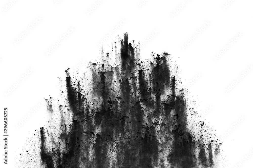 Canvas Prints closeup of black dust particles explode isolated on white background..
