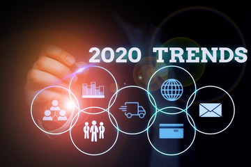 Handwriting text writing 2020 Trends. Conceptual photo things that is famous for short period of time in current year Male human wear formal work suit presenting presentation using smart device