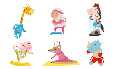Funny Animals Doing Sport. Fitness And Healthy Lifestyle Vector Illustration Set.