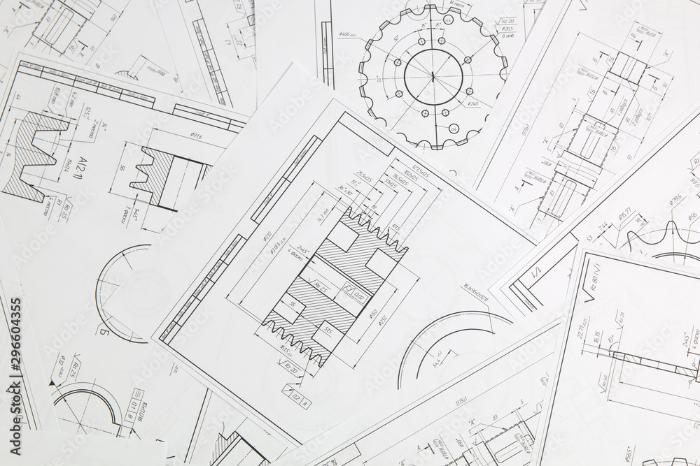 Wall mural paper engineering drawings of industrial parts and mechanisms