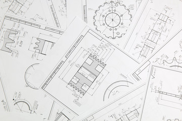 paper engineering drawings of industrial parts and mechanisms - obrazy, fototapety, plakaty