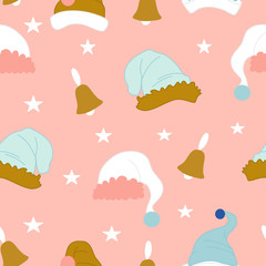 Colorful Santa hats, stars and bells, in a cute pattern design