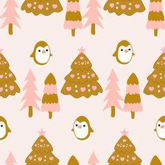 Cute kawaii pinguin and christmas trees in a seamless pattern design