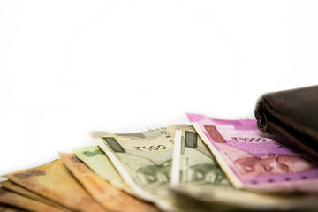 Money Concept- Abundance Money Variety of Indian Rupees Notes and Wallet - white background with space for text