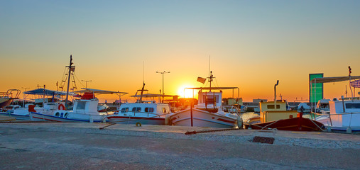 Panorama of the port of Aegina with fishing boats