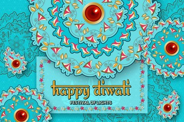 Happy Diwali turquoise template with floral paisley and mandala. Flower and leaves patterns. Festival of lights. Greeting card with diya