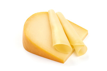 Traditional Dutch Gouda cheese, isolated on white background