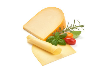 Traditional Dutch Gouda cheese, isolated on white background
