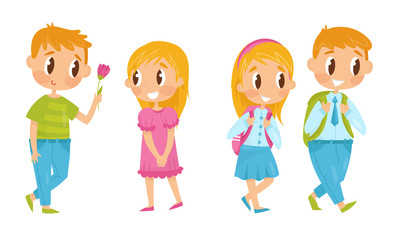 Boy And Girl Character Spending Time Together Vector Illustrations Set.