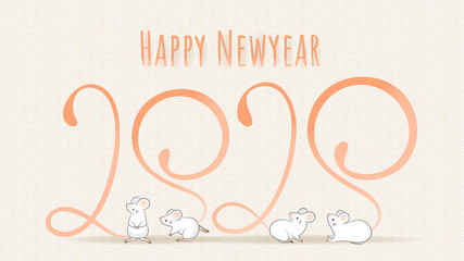 Happy Chinese new year 2020, Year of the rat zodiac. Four mouses with long tail which the shape looks like number 2020. Vector illustration greeting card.