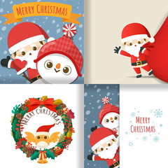 Merry Christmas with set of greeting card, Cute cartoon character little Santa Claus, snowman, christmas tree, gift boxs, snow on cards. Vector Illustration.
