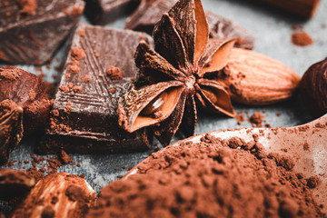 Star anise, chocolate cubes and nuts, close-up view