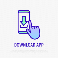 Download mobile app thin line icon. Push button with arrow on smartphone by finger. Modern vector illustration.