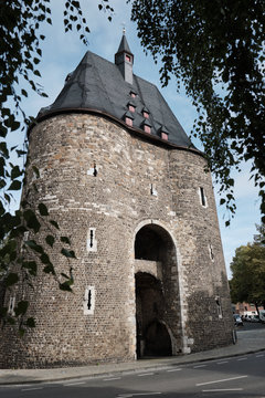 Front view of the massive Marschiertor, historical gate in Aachen