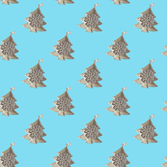 Seamless pattern with Christmas decoration silver color Christmas tree on a light blue color background. Modern style isometric concept