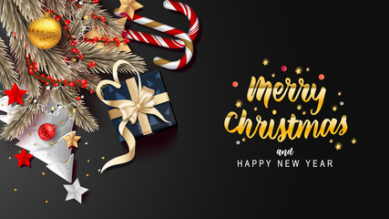 Merry Christmas and happy new year with Creative Christmas tree, fir branches, pine cones, gift boxes, holly, and string lights. Christmas greeting card vector design.